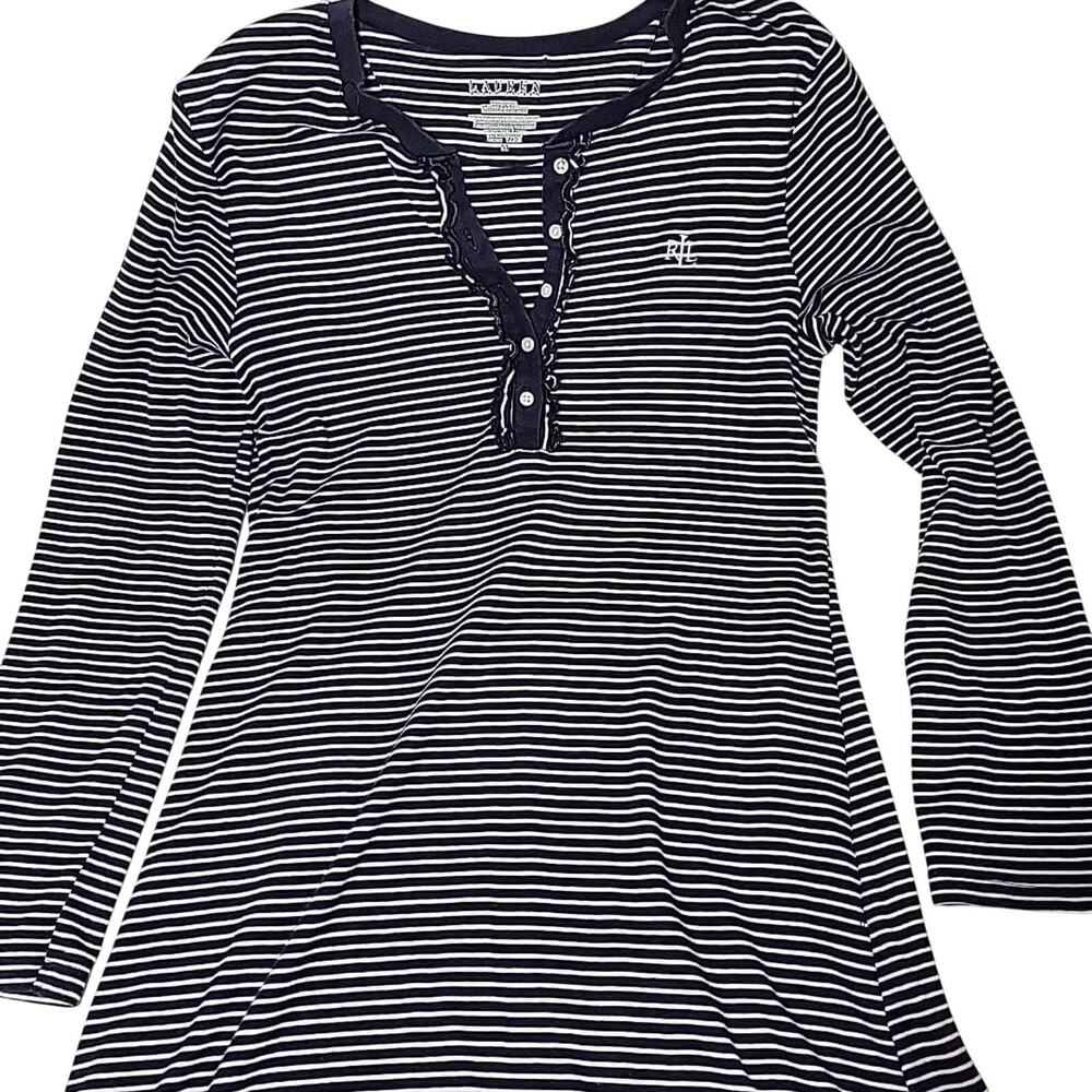 Lauren Ralph Lauren Sleep Nightgown M Blue and White Striped Henley Long Sleeve